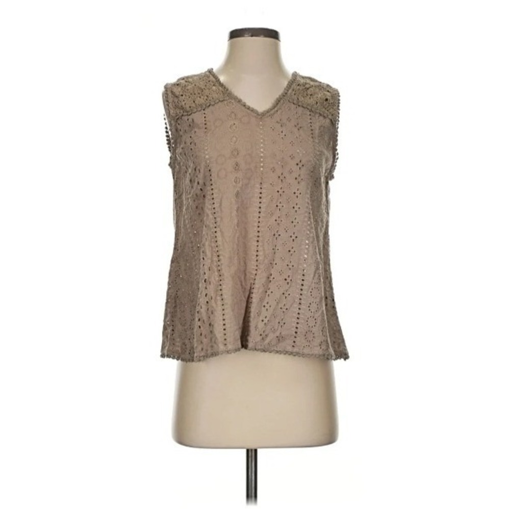 Joie Womens Size Small Eyelet Lace Sleeveless Top Light Brown V-Neck Boxy Cotton